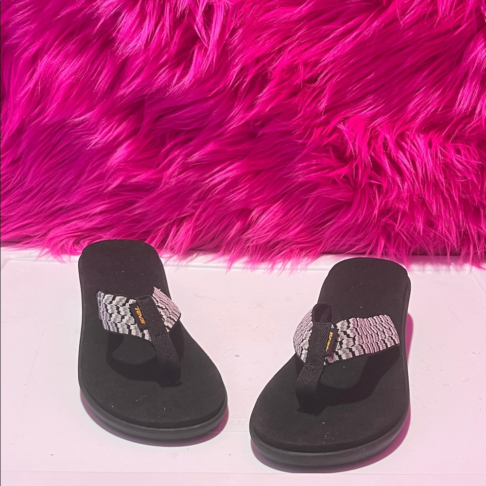 Teva Black Flip Flops with White Patterned Straps